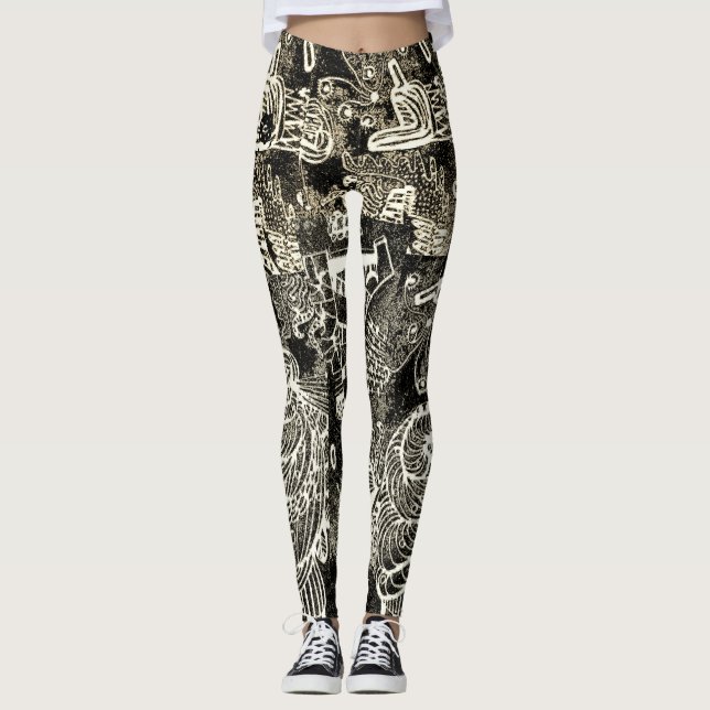Svarta Sepia Abstrakta Leggings (Framsida)