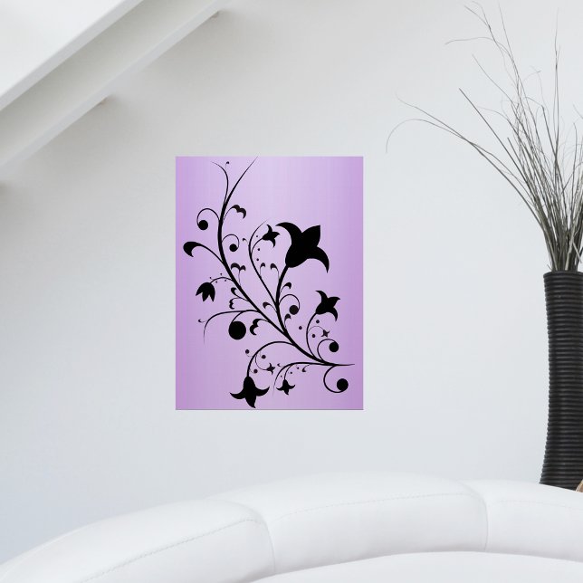 Svarta Silhuett Abstrakt Rullande Blommor Lila Poster (Black silhouette abstract flowers on dainty stem on pretty purple art wall poster.)