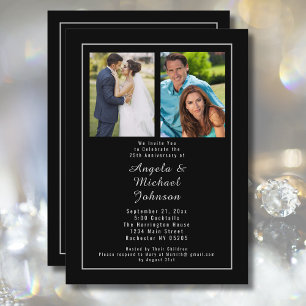 Svarta Silver 25:e Bröllop-årsdagen då och nu Inbjudningar