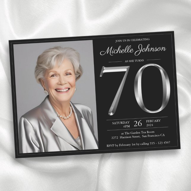 Svarta Silver 70:e födelsedagen Inbjudningar (Black Silver 70th Birthday Invitation)