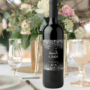 Svarta silver glitter bröllop vinflaska etikett
