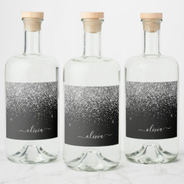 Svarta Silver Glitter-Chicen, Monogram Namn Spritflaskor Etikett