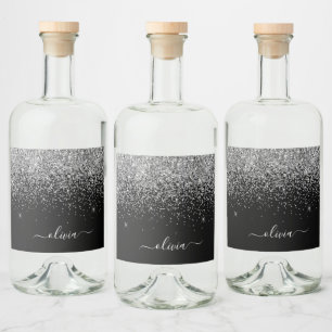 Svarta Silver Glitter-Chicen, Monogram Namn Spritflaskor Etikett