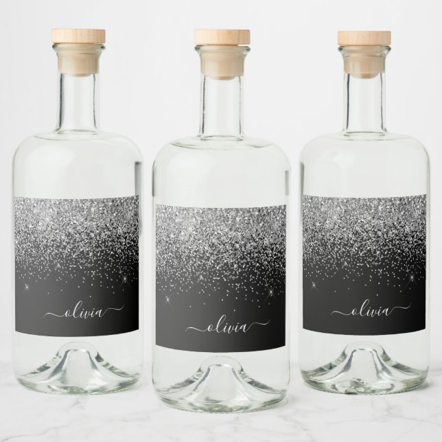 Svarta Silver Glitter-Chicen, Monogram Namn Spritflaskor Etikett (Flaskor)