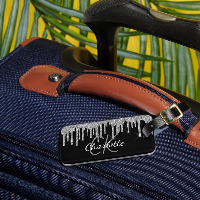 Svarta silver glitter droppar i monogram namn bagagebricka (Framsida Insitu 3)