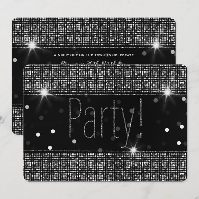 Svarta & Silver Glitter Gnistrande Partyljus Inbjudningar (Fram/baksida)