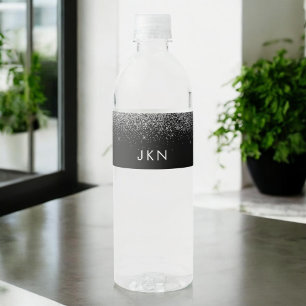 Svarta Silver Glitter, modern monogram Namn Vattenflaska Etikett