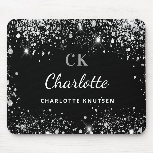 Svarta silver glitter-monogram initails namn musmatta (Framsidan)