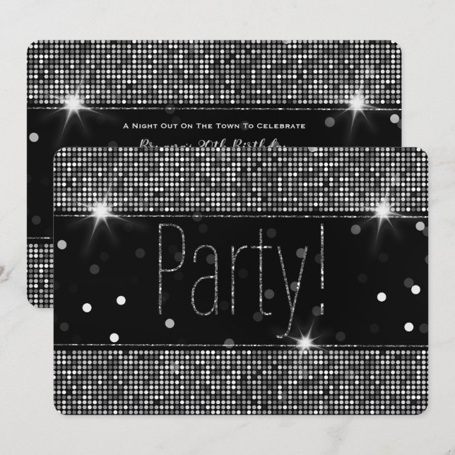 Svarta & Silver Glitter Party Ljusslinga Födelseda Inbjudningar (Fram/baksida)