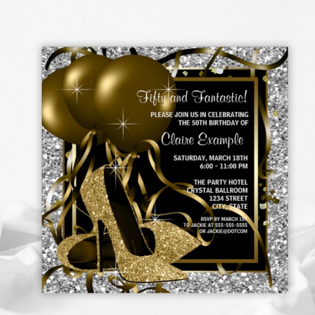 Svarta Silver Guld Högklackar Dam födelsedagsfest Inbjudningar (You can change the wording and font style as needed on this any occasion invitation.)