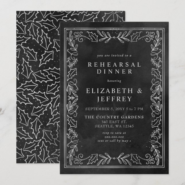 Svarta Silver Holly Rehearsal Dinner Inbjudningar (Fram/baksida)