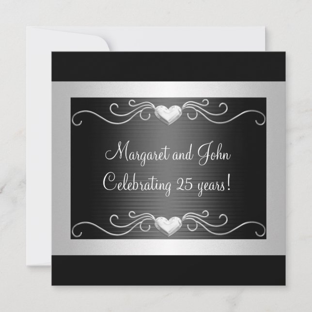 Svarta Silver Kärlek Hearts 25-årsjubileum 2 Inbjudningar (Framsida)