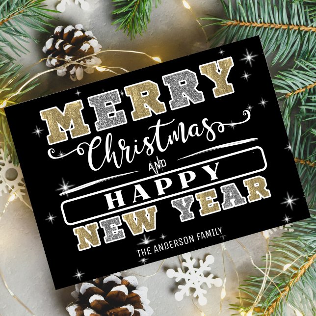 Svarta Silver och Guld God jul Gott nytt år Julkort (Black Silver & Gold Merry Christmas Happy New Year Holiday Card)