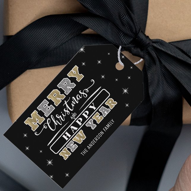 Svarta Silver och Guld God jul Gott nytt år Presentetikett (Black Silver & Gold Merry Christmas Happy New Year Gift Tags)