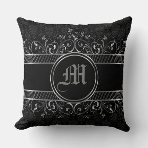 Svarta & Silver ornate Gothic Monogrammed Kudde