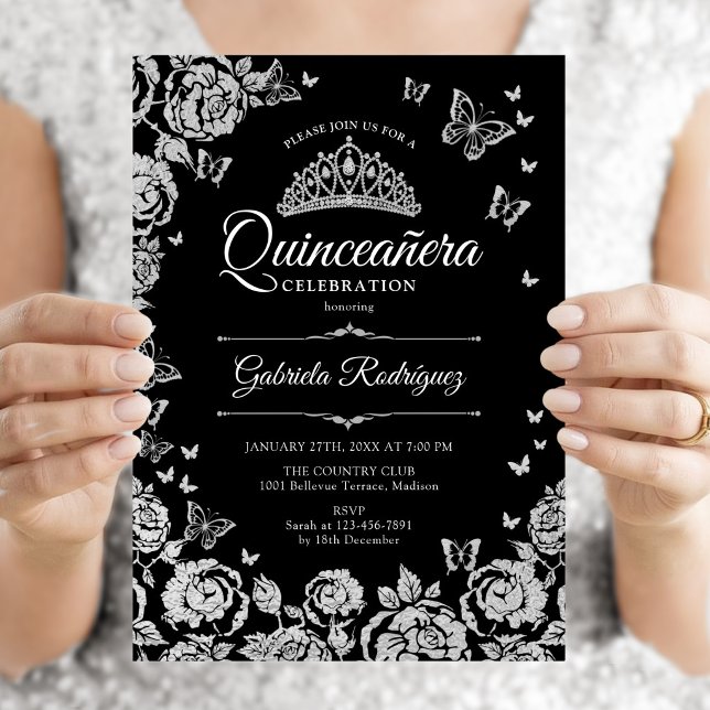 Svarta Silver Rosor Fjärilar Quinceanera Inbjudningar (Skapare uppladdad)