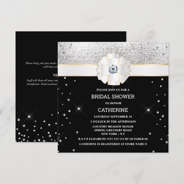 Svarta silver-shimmer guld gnistra glitter  inbjudningar (Fram/baksida)