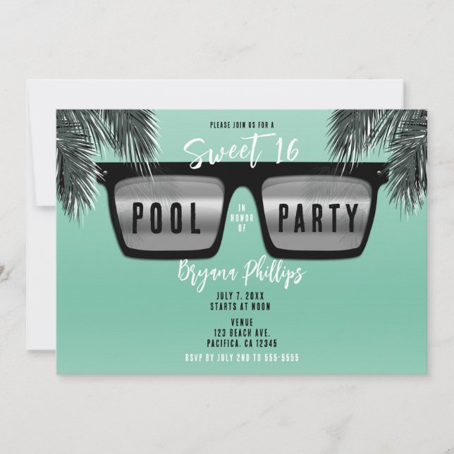 Svarta & Silver Solglasögon Teal Sweet 16 Poolpart Inbjudningar (Framsida)