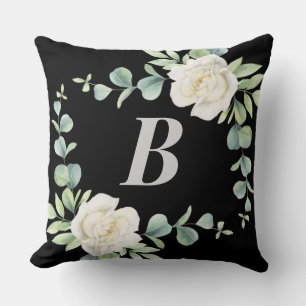 Svarta, Silver, vit Blommigt Monogram Dekorativ ku Kudde