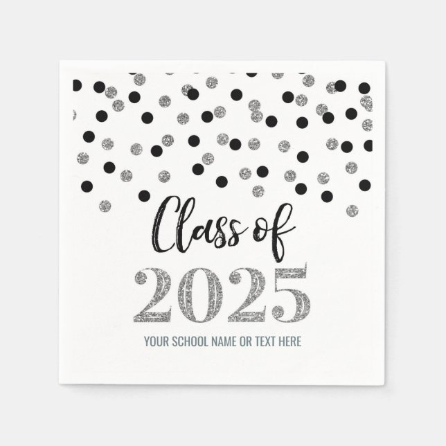 Svarta Silverkonfettiborddukar Klass 2025 Pappersservett (Framsidan)