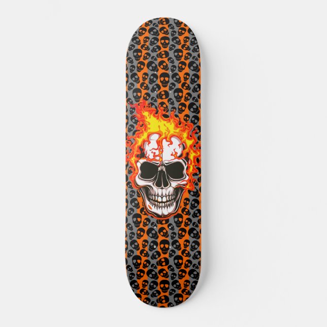 Svarta slumpmässiga dödskallar orangea ränder flam mini skateboard bräda 18,5 cm (Framsida)