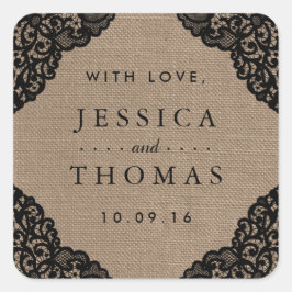 Svarta Snöre vid insamlingen av Rustik Burlap Bröl Fyrkantigt Klistermärke