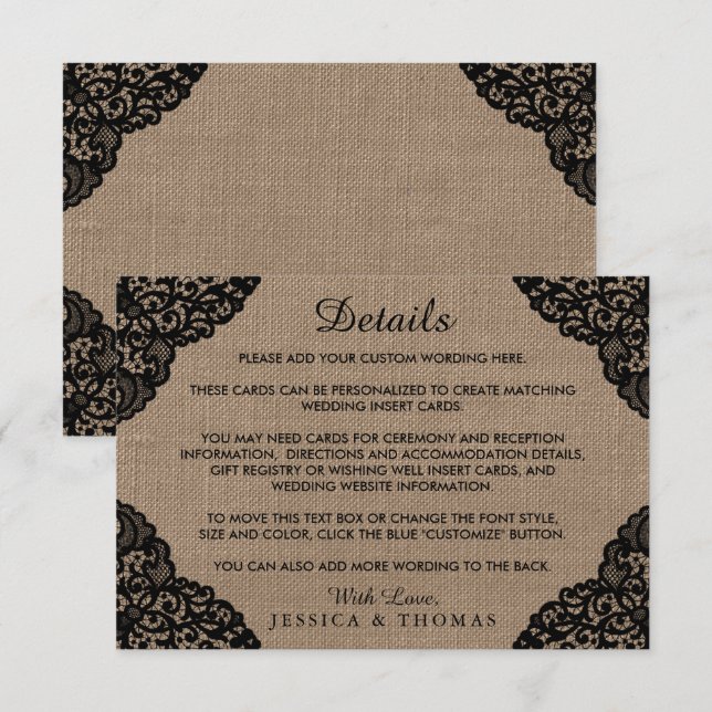 Svarta Snöre vid insamlingen av Rustik Burlap Bröl Tilläggskort (Fram/baksida)