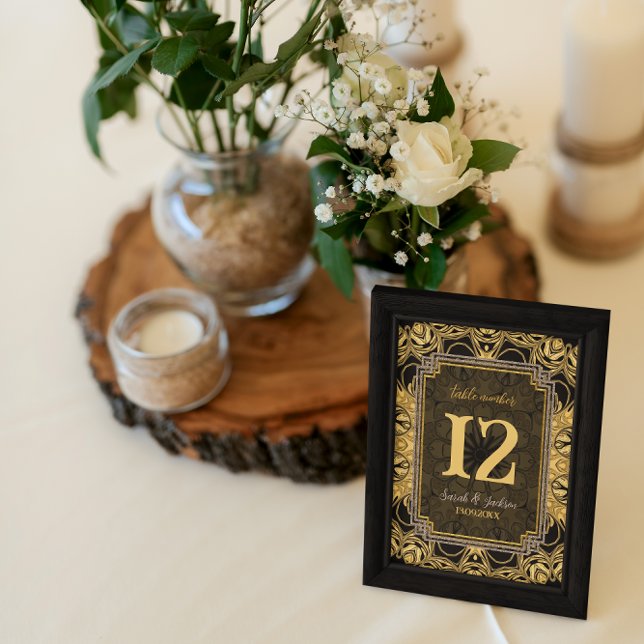 Svarta Sol Guld Svarta Bord-nr: w/gästNamn Bordsnummer (Black Sun Gold Black Table Sign  template)