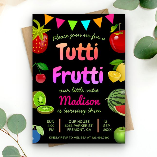 Svarta söta frukter Tutti Frutti Barnkalas Inbjuda Inbjudningar (Skapare uppladdad)