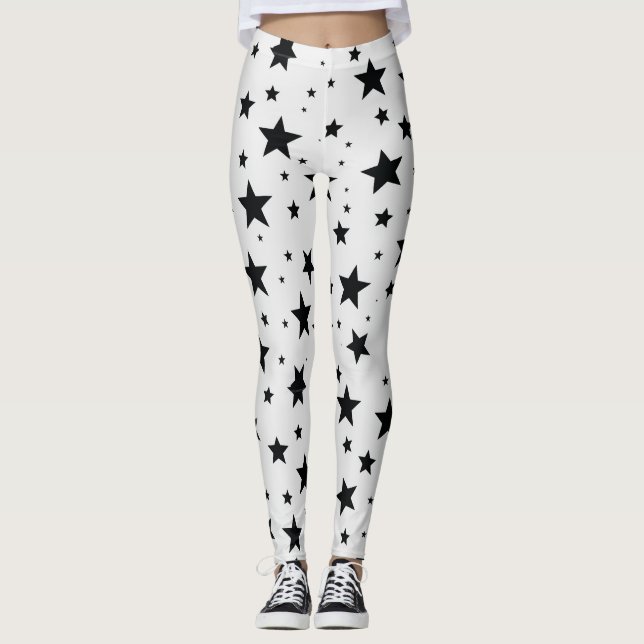 Svarta stjärnor på vit bakgrund leggings (Framsida)