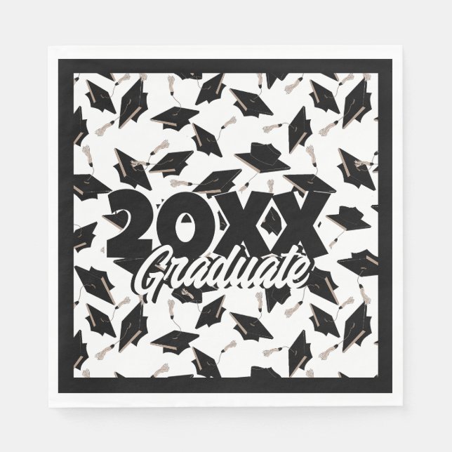 Svarta Studentmössor i Luft på vitt Pappersservett (Framsidan)