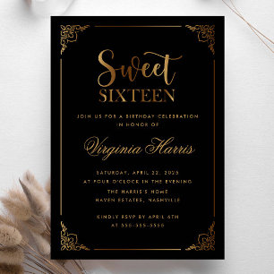 Svarta Sweet sixteen Guld Ram Ornate 16 födelsedag Inbjudningar