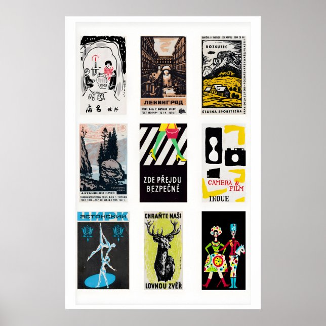 Svarta tändsticksförpackningsetiketter Grid Print, Poster (Framsidan)