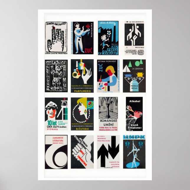 Svarta tändsticksförpackningsetiketter Grid, Vinta Poster (Framsidan)