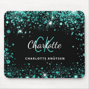 Svarta teal glitter Sea grönt monogram namn Musmatta