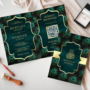 Svarta Teal Påfågel Fjädrar QR-kod Muslimsk Bröllo Inbjudan