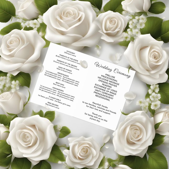 Svarta texter om vitbakgrund, Bröllopsprogram Program (Black text on white background wedding program with Rose flowers)