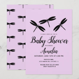 Svarta Trollsländor  Lila Baby Shower   Inbjudan