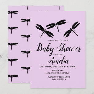 Svarta Trollsländor Lila Baby Shower Inbjudan