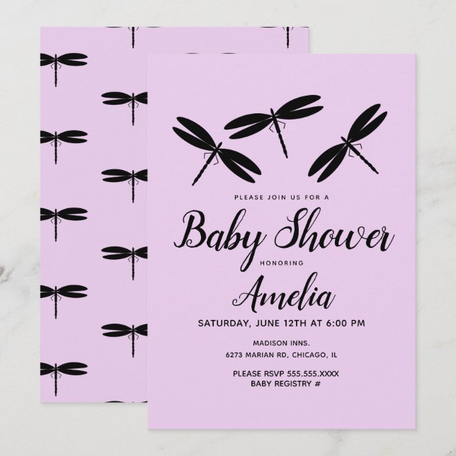 Svarta Trollsländor  Lila Baby Shower   Inbjudan (Fram/baksida)