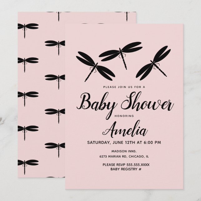 Svarta Trollsländor  Rosa Baby Shower  Inbjudan (Fram/baksida)