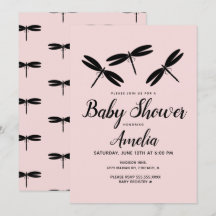 Svarta Trollsländor  Rosa Baby Shower  Inbjudan