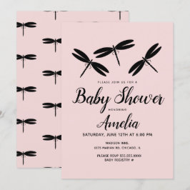 Svarta Trollsländor  Rosa Baby Shower  Inbjudan