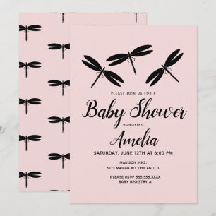 Svarta Trollsländor Rosa Baby Shower Inbjudan