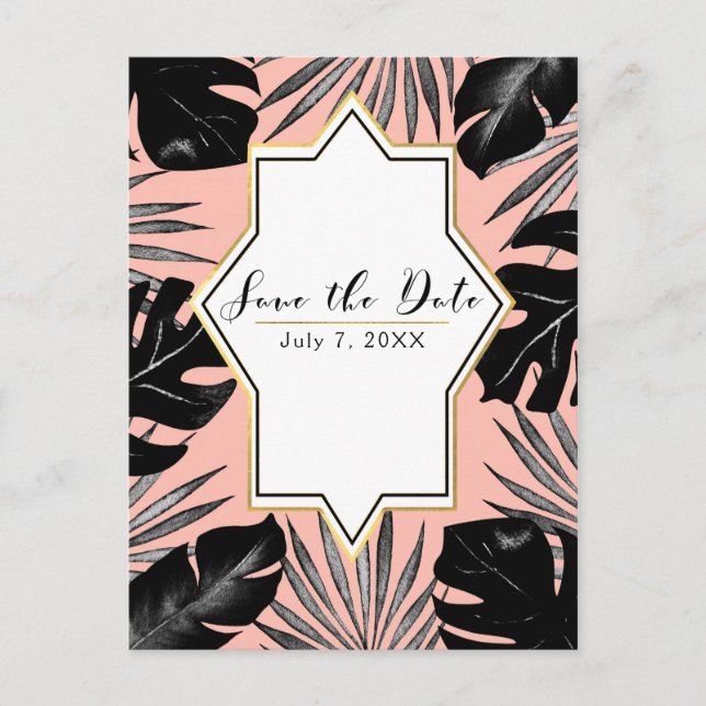 Svarta tropiska blad korallguld spara datum meddelande vykort (Framsida)