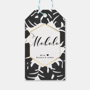 Svarta tropiska blad Vit guld chic MAHALO ALOHA Presentetikett