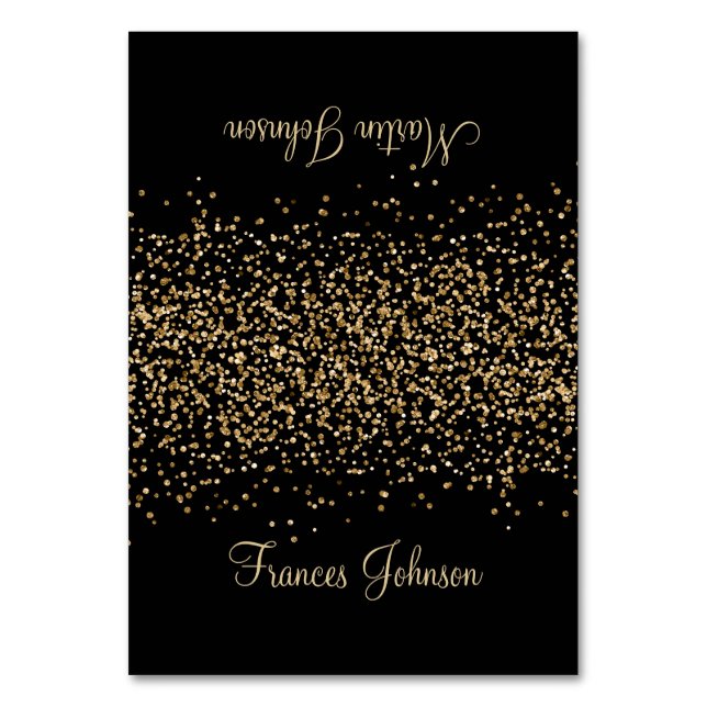 Svarta Två Namn Platskort med Guldglitter Bordsnummer (Framsidan)