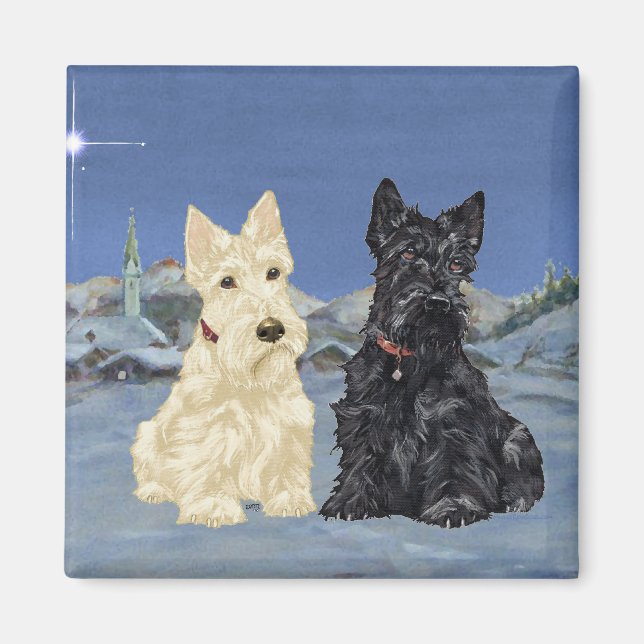 Svarta & vete Scottish Terriers Vinter Magnet (Framsidan)