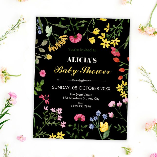 Svarta vilda blommor baby shower inbjudningar (Skapare uppladdad)