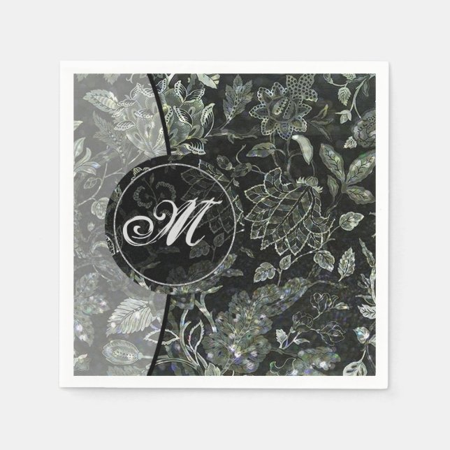 Svarta vintage blommiga servetter med monogram 2 (Framsidan)